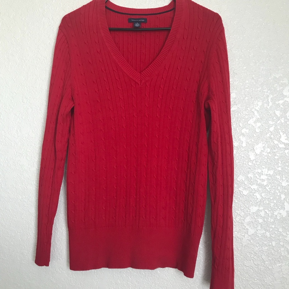 red Tommy Hilfiger cable knit sweater
